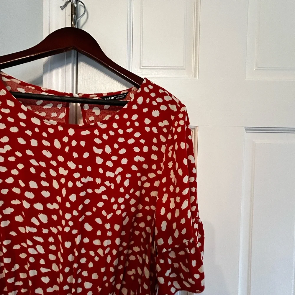 Belted Dalmatian Print Ruffle Trim Dress, Sz L - Picture 5 of 13